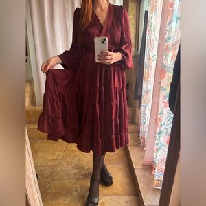 Satin Surplice V-Neck Long Blouson Sleeve Wrap Tie Waist A-Line Midi Dress